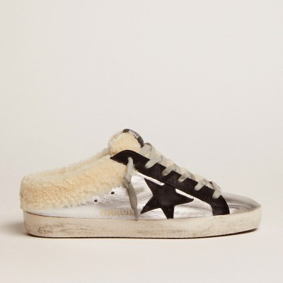 Golden Goose Super-Star Sabot Sneakers In Silver Laminated Leather With Black Star GWF00110.F002307.70149