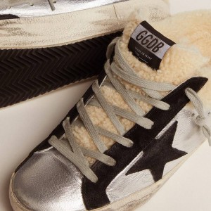 Golden Goose Super-Star Sabot Sneakers In Silver Laminated Leather With Black Star GWF00110.F002307.70149