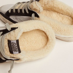 Golden Goose Super-Star Sabot Sneakers In Silver Laminated Leather With Black Star GWF00110.F002307.70149