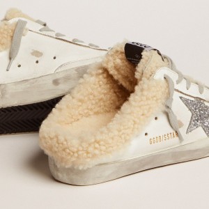 Golden Goose Super-Star Sabot Sneakers In White Leather And Shearling Lining GWF00110.F002306.10224