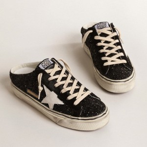 Golden Goose Super-Star Sabots Sneakers In Black Glitter With White Bio-based Star GWF00485.F004546.80203