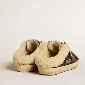 Golden Goose Super-Star Sabots Sneakers In Glitter With Brown Star And Shearling Lining GWF00110.F005132.55499