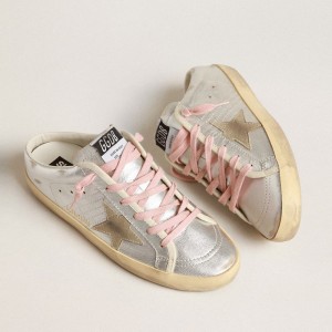 Golden Goose Super-Star Sabots Sneakers In Silver Metallic Leather With Suede Star GWF00110.F004046.70216