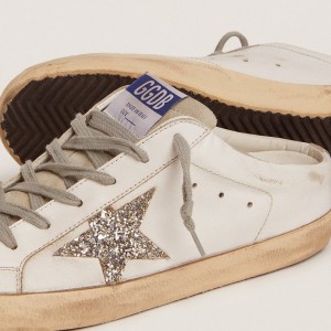 Golden Goose Super-Star Sabots Sneakers In White Leather And Gray Suede With Silver Glitter Star GWF00110.F001722.81194