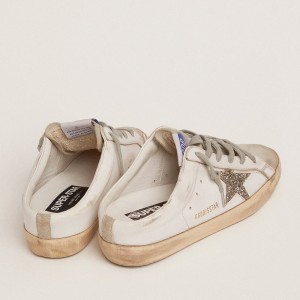 Golden Goose Super-Star Sabots Sneakers In White Leather And Gray Suede With Silver Glitter Star GWF00110.F001722.81194