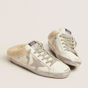 Golden Goose Super-Star Sabots Sneakers In White Leather With Shearling Lining GWF00110.F001724.10224