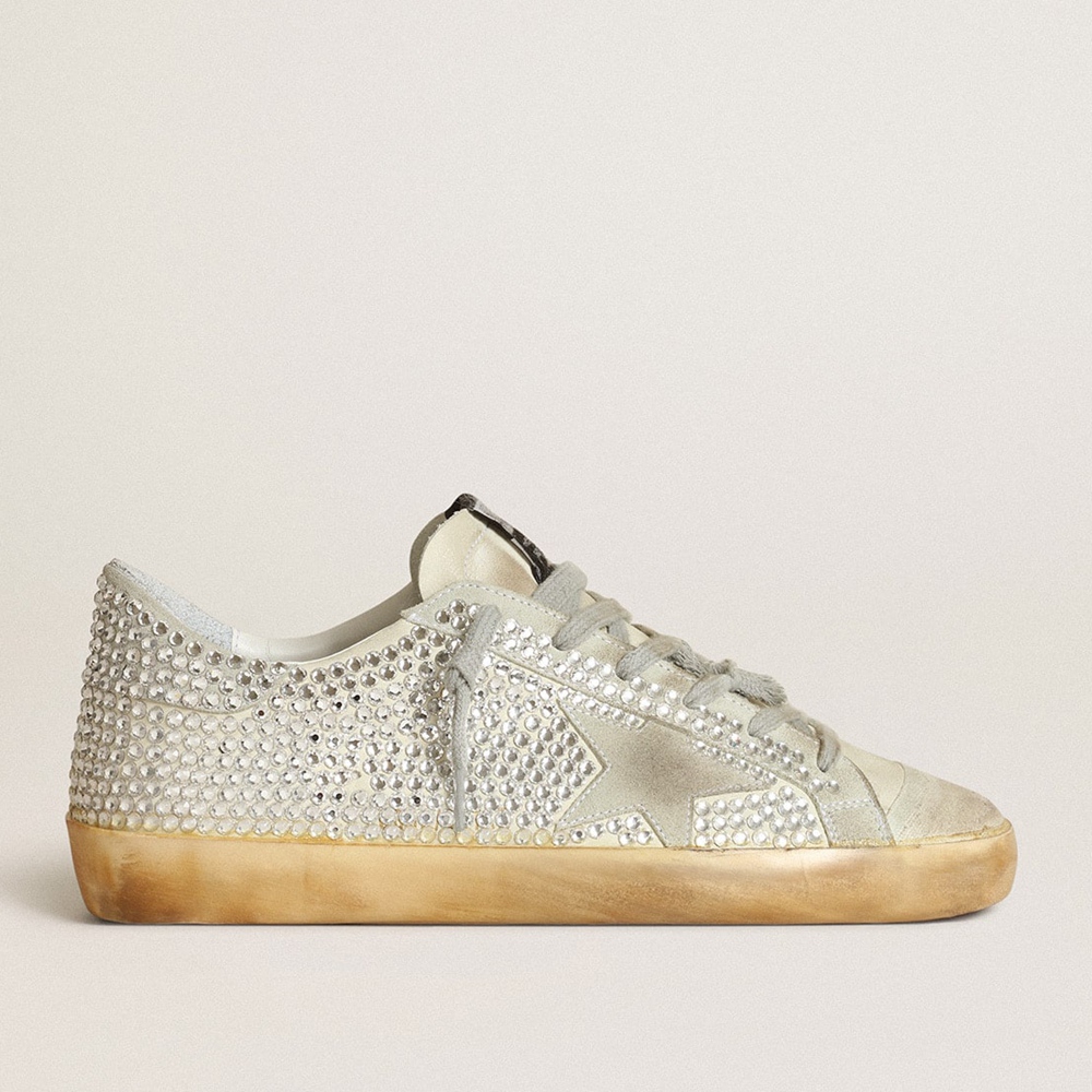 Golden Goose Super-Star Sneakers In Aged White Nubuck With Swarovski Crystals GWF00174.F003459.10273