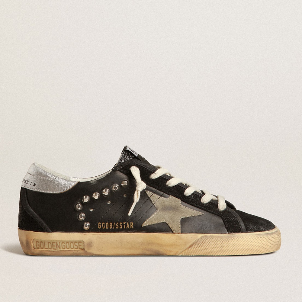 Golden Goose Super-Star Sneakers In Black Leather And Suede With Silver Studs GMF00470.F004020.90367