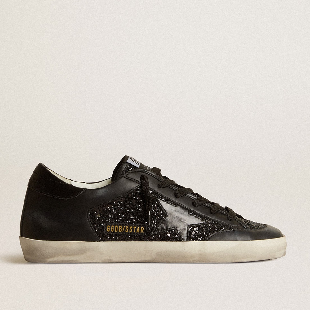 Golden Goose Super-Star Sneakers In Black Nappa And Glitter With Glossy Black Leather Star GWF00108.F005111.90100