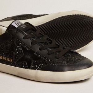 Golden Goose Super-Star Sneakers In Black Nappa And Glitter With Glossy Black Leather Star GWF00108.F005111.90100