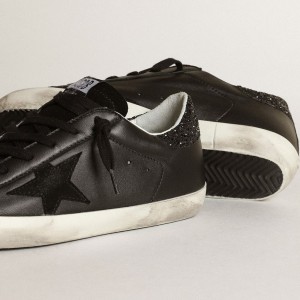 Golden Goose Super-Star Sneakers In Black Nappa With Black Star And Glitter Heel Tab GWF00101.F003463.90100