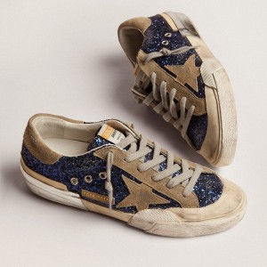 Golden Goose Super-Star Sneakers In Blue Glitter With Dove Gray Suede Star GWF00107.F002741.81593