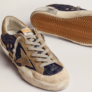 Golden Goose Super-Star Sneakers In Blue Glitter With Dove Gray Suede Star GWF00107.F002741.81593