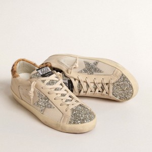 Golden Goose Super-Star Sneakers In Cream Mesh With Glitter Star And Leopard Heel Tab GWF00103.F004675.15499