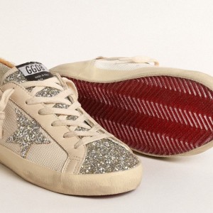 Golden Goose Super-Star Sneakers In Cream Mesh With Glitter Star And Leopard Heel Tab GWF00103.F004675.15499