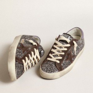 Golden Goose Super-Star Sneakers In Glitter With A Brown Star And Lilac Heel Tab GWF00101.F003986.60394