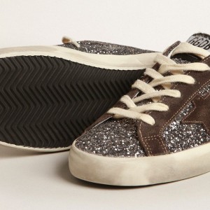 Golden Goose Super-Star Sneakers In Glitter With A Brown Star And Lilac Heel Tab GWF00101.F003986.60394