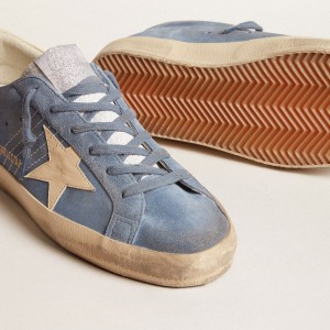 Golden Goose Super-Star Sneakers In Light Blue Suede With Beige Leather Star And Heel Tab GWF00101.F005877.50856