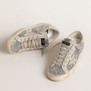 Golden Goose Super-Star Sneakers In Silver Glitter With Ice-gray Suede Star GWF00101.F000416.70136