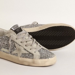 Golden Goose Super-Star Sneakers In Silver Glitter With Ice-gray Suede Star GWF00101.F000416.70136