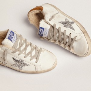 Golden Goose Super-Star Sneakers With Shearling Lining And Silver Glitter Star GWF00101.F002695.10942