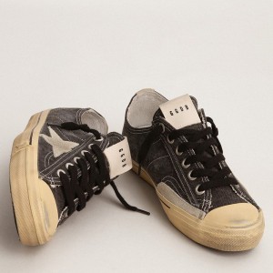 Golden Goose V-Star LTD Sneakers In Black Canvas With Ice-gray Star And Heel Tab GMF00129.F003088.90184