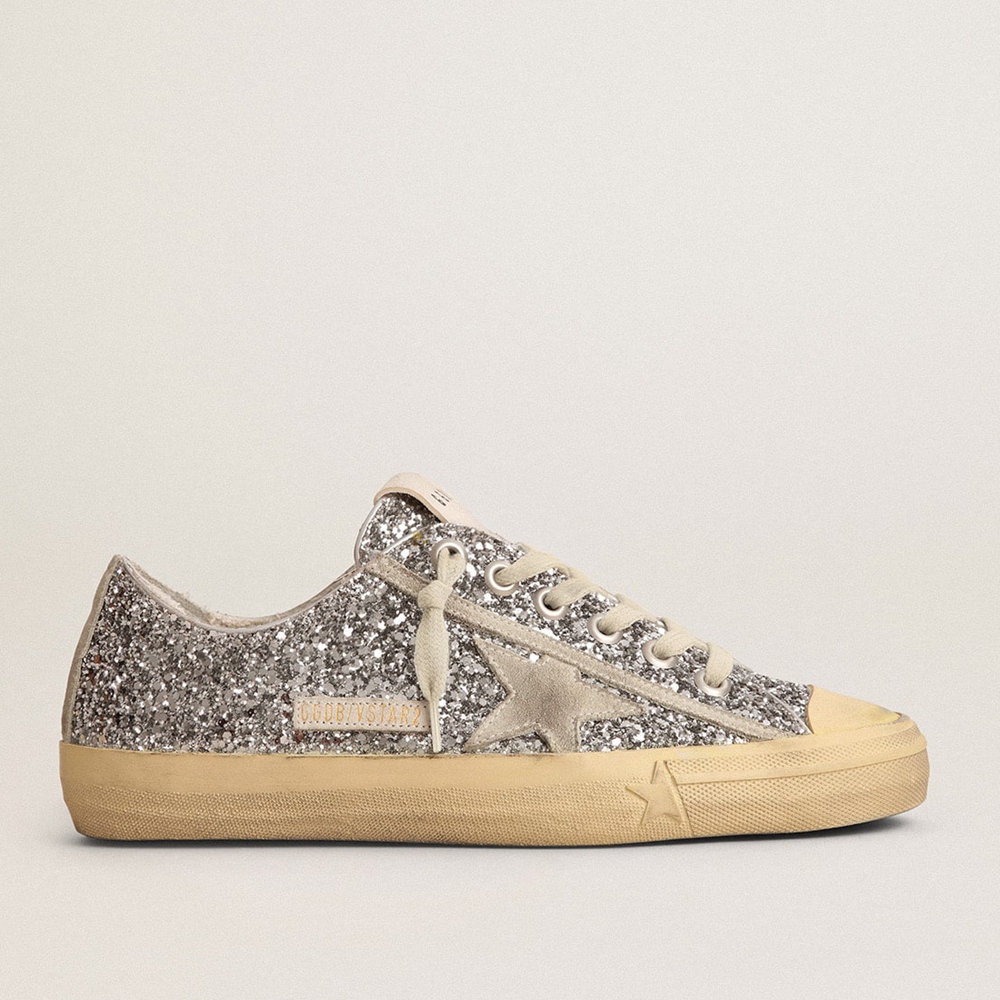 Golden Goose V-Star LTD Sneakers In Silver Glitter With Ice-gray Suede Star GWF00129.F003085.70136