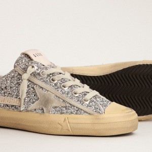 Golden Goose V-Star LTD Sneakers In Silver Glitter With Ice-gray Suede Star GWF00129.F003085.70136