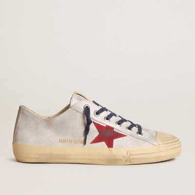 Golden Goose V-Star LTD Sneakers In Silver Metallic Suede With Red Suede Star GMF00129.F005928.70217