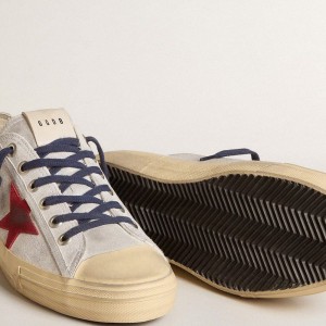 Golden Goose V-Star LTD Sneakers In Silver Metallic Suede With Red Suede Star GMF00129.F005928.70217