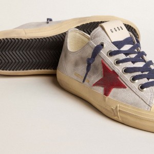 Golden Goose V-Star LTD Sneakers In Silver Metallic Suede With Red Suede Star GWF00129.F005928.70217