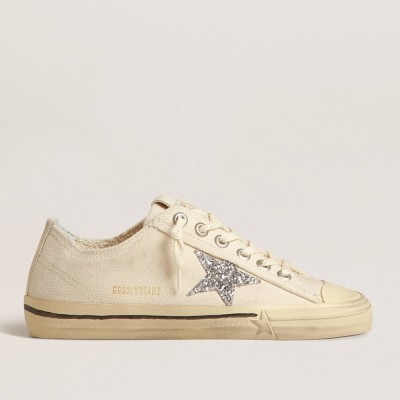 Golden Goose V-Star Sneakers In Beige Canvas With A Silver Glitter Star GWF00129.F004061.15260