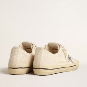 Golden Goose V-Star Sneakers In Beige Canvas With A Silver Glitter Star GWF00129.F004061.15260