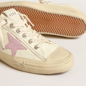 Golden Goose V-Star Sneakers In Beige Nappa Leather With Old-rose Suede Star GWF00129.F004059.15418