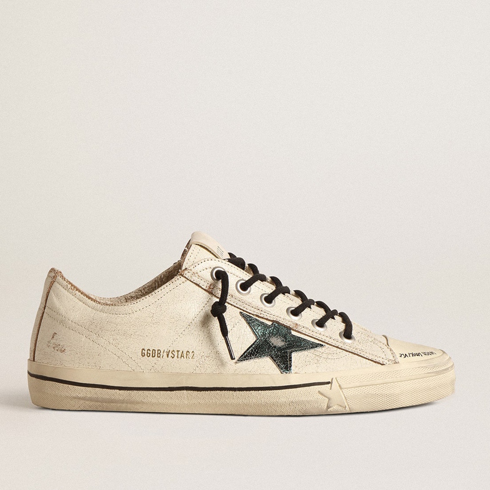 Golden Goose V-Star Sneakers In Glossy Leather With Metallic Green Crackle Leather Star GMF00129.F004610.11527