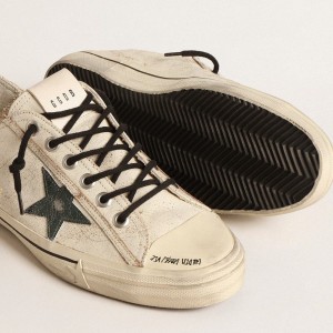 Golden Goose V-Star Sneakers In Glossy Leather With Metallic Green Crackle Leather Star GMF00129.F004610.11527