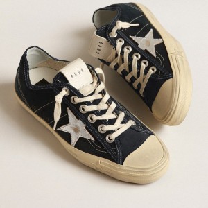 Golden Goose V-Star Sneakers In Navy-blue Canvas With A Silver Laminated Leather Star GWF00205.F004060.50750