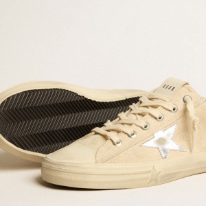 Golden Goose V-Star Sneakers In Pearl Suede With Silver Metallic Leather Star GMF00129.F005298.15542