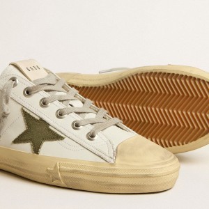 Golden Goose V-Star Sneakers In White Leather With Green Canvas Star GMF00129.F005295.10502