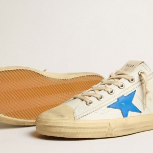 Golden Goose V-Star Sneakers In White Leather With Light Blue Leather Star GMF00129.F005297.10793