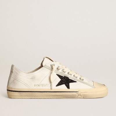 Golden Goose V-Star Sneakers In White Nappa Leather With A Black Glitter Star GWF00129.F003922.10432