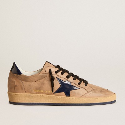 Golden Goose Ball Star Sneakers In Beige Leather With Blue Patent Leather Star And Heel Tab