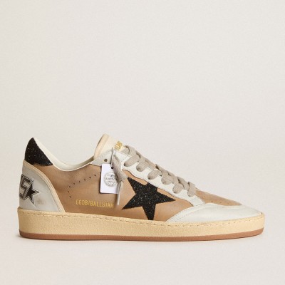 Golden Goose Ball Star Sneakers In Beige Nubuck And Nappa With Black Swarovski Crystal Star