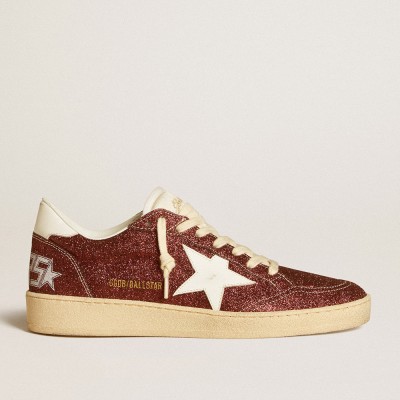 Golden Goose Ball Star Sneakers In Burgundy Glitter With White Leather Star And Heel Tab