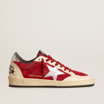 Golden Goose Ball Star Sneakers In Burgundy Suede With Silver Leather Star And Heel Tab