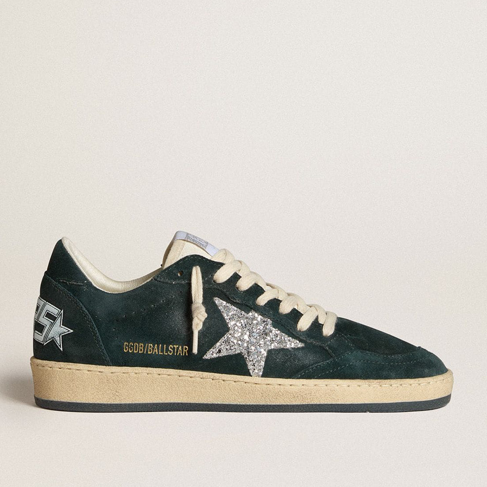 Golden Goose Ball Star Sneakers In Green Suede With Silver Glitter Star