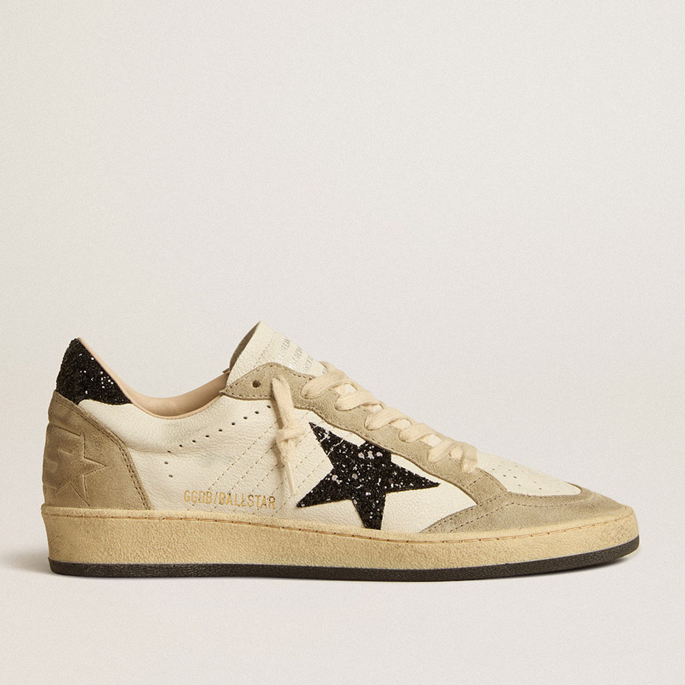 Golden Goose Ball Star Sneakers In Nappa And Suede With Black Glitter Star And Heel Tab