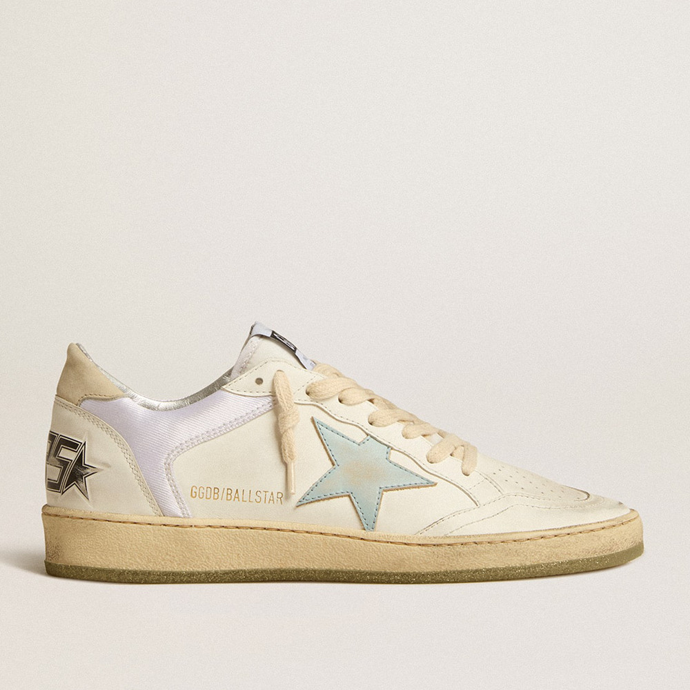 Golden Goose Ball Star Sneakers In Nylon And Leather With Pink And Light Blue Star And Beige Heel Tab