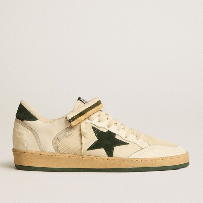 Golden Goose Ball Star Sneakers In Nylon And Nappa With Green Suede Star And Heel Tab