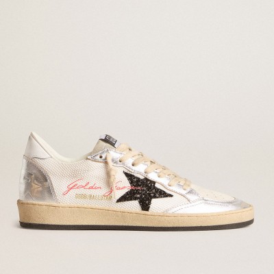 Golden Goose Ball Star Sneakers In White Mesh With Black Glitter Star And Silver Inserts